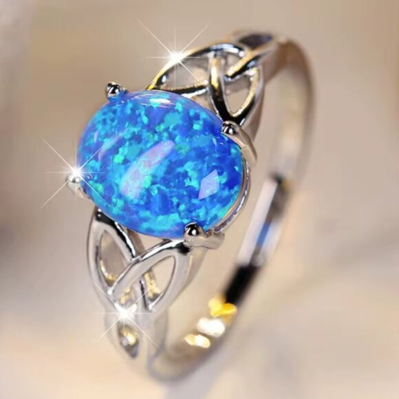 NEW 14k White Gold Blue Opal Diamond Ring Oval Cut Ring - Picture 4 of 4